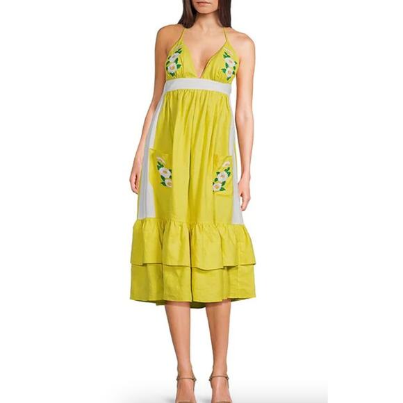 Fanm Mon Dresses & Skirts - Fanm Mon Yamile Floral Embroidered Halter Linen Midi Dress | S, Yellow NWT $269